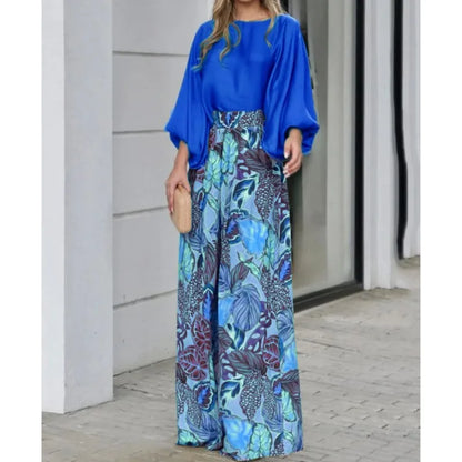New Women's Clothing Set Lantern Sleeves Loose Top Printed Wide Leg Pants Two Piece Set Casual Ladies Trouser Outfit 2025 Summer