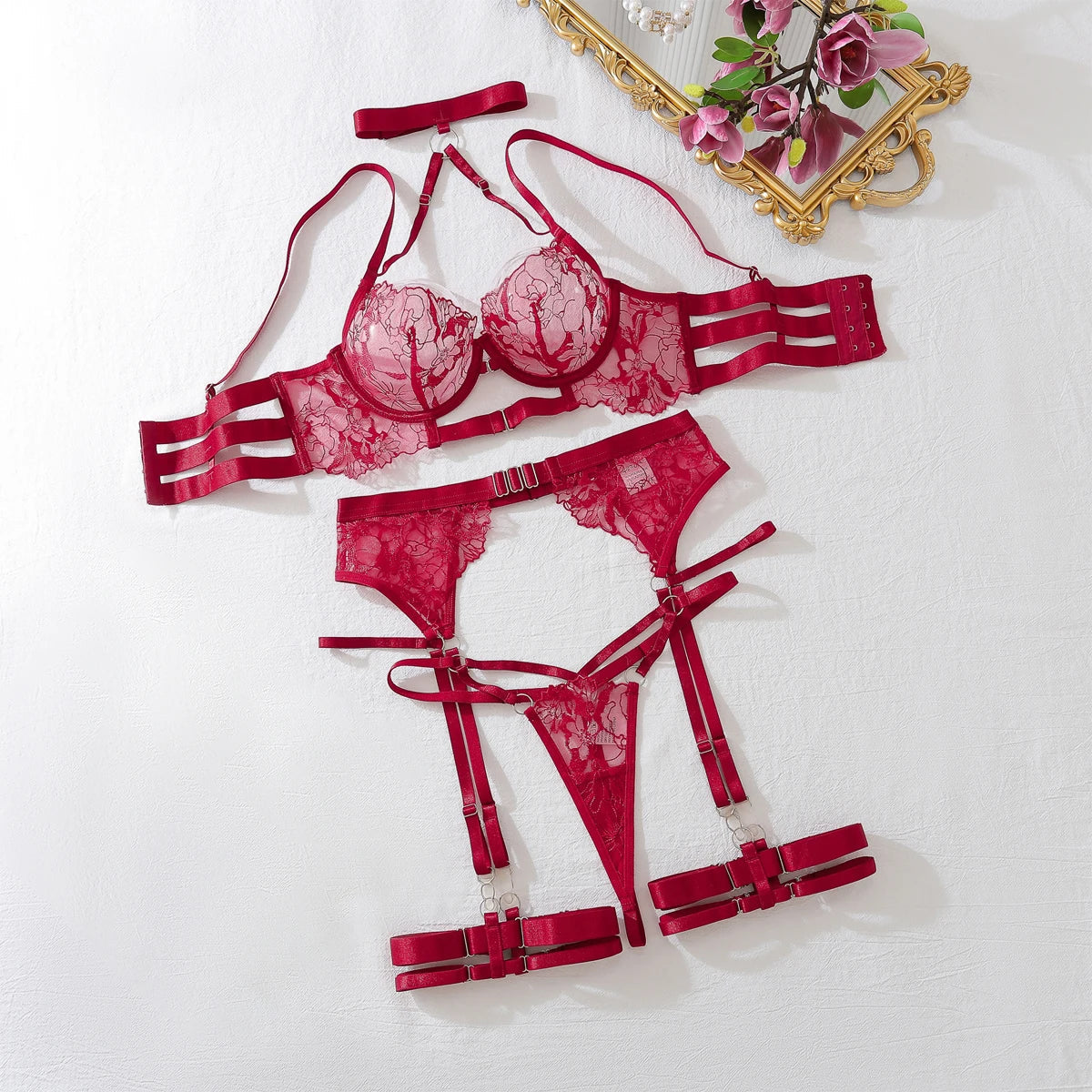 Womens Underwear Brazilian Sexy Embroidered Bra and Underwear Set Summer Luxury Underwear 4-piece Set Sexy Comfortable Underwear