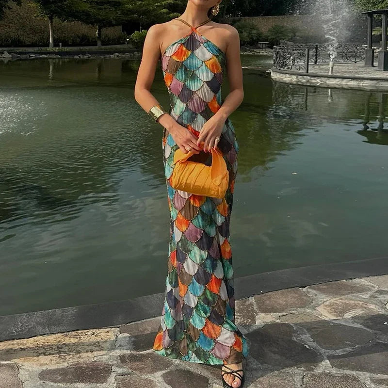 Sexy Bodycon Backless Halter Dress Elegant Colorful Block Full Length Evening Dress Fashion 2025 Slim Off Shoulder Party Dress