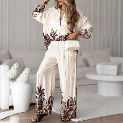 Elegant Women Loose Two Piece Set Chic Floral Print Long Sleeve Shirt Wide Leg Pants Set Bohemian Outfits Loungewear Pajamas Set