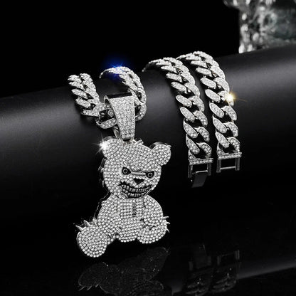 Hip Hop Aggressive Bear Pendants Necklaces with Miami Cuban Link Chain Brown Bear Men's Women Choker Collar Jewelry Accessories