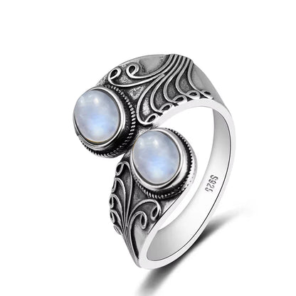 925 Vintage Silver Ring with Natural Moonstone 6*8mm Adjustable Rings Flower Bohemia Style Fine Jewelry for Women