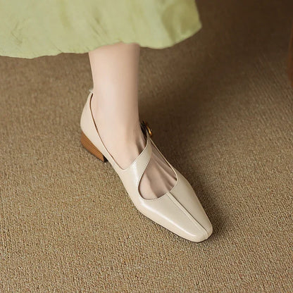 2026 New Spring Women Pumps Square Toe Chunky Heel Genuine Leather Women Shoes Shallow Metal Buckle Strap Mary Janes Ladies