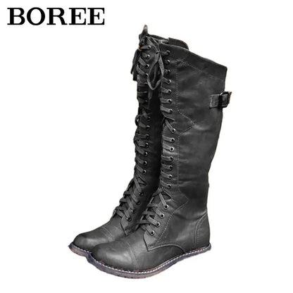 Women Knee High Boots Autumn Winter Lace Up Flat Shoes Sexy PU Leather Shoes Retro Buckle Women Shoes Fashion Black Knight Boots