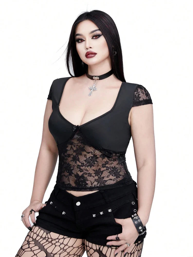 Plus Size  Sexy V-neck Bow Lace Sheer Blouse  Slim-fit Top    Y2K Style  Halloween Collection Black Cat T-shirt