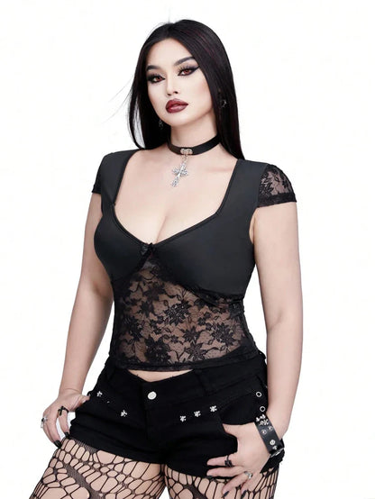 Plus Size  Sexy V-neck Bow Lace Sheer Blouse  Slim-fit Top    Y2K Style  Halloween Collection Black Cat T-shirt
