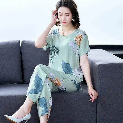 Women Summer Sets NEW Middle Aged Elderly Mother Cotton Silk Suit Casual Print Short Sleeve Top + Pants 2 Piece Set Femme Outfit