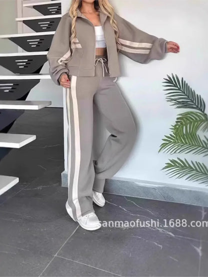 Striped Zipper Coat+sweatpants Two Piece Set Women Casual Batwing Sleeve Sports Jacket Outfits Autumn Winter Sweatshirt Suit Y2K