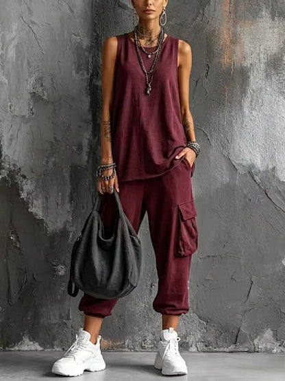 Solid Color Sports Two-piece Set Summer Fashion Sleeveless Top+wide Leg Pants Suit With Pockets Ladies O-neck Streetwear Outfit