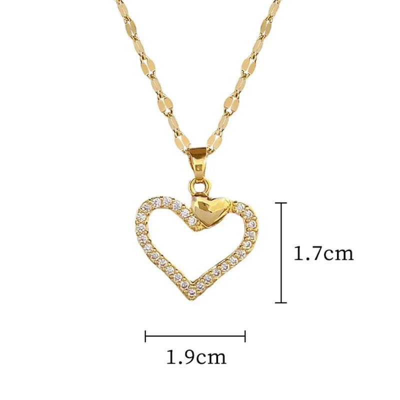 Trendy Heart Stainless Steel Zirconia Necklaces For Women Girls Love Gold Color Metal Necklace Party Birthday Daily Jewelry