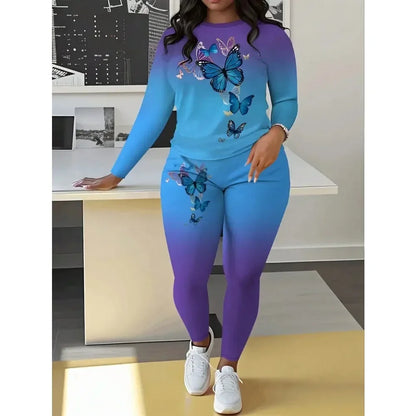 Plus Size 1XL-5XL Women's Fashion Round Neck Printed Long Sleeve T-shirt Top & Printed Pants Two Piece Set