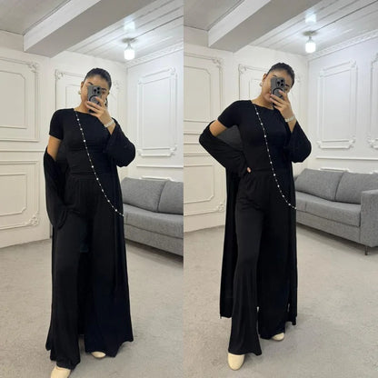 Pant Set Women Three Piece Sets Round Neck Short Sleeve Shirt Straight Pants Lace Up Long Robe Y2k Streetwear Work Casual 2026