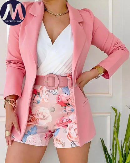 Set Woman 2 Pieces Spring Summer New Korean Fashion Casual Long Sleeve Blazer Coats Suits Elegant Printing Belt Shorts Sets