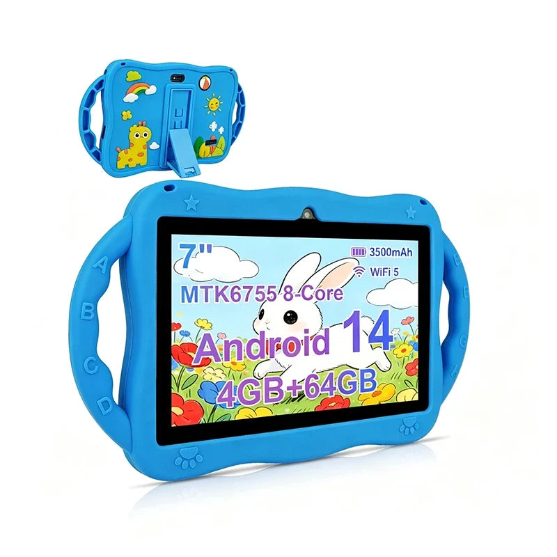 Tablet for Kids 7 Inch Android 14 4GB RAM 64GB ROM WiFi Bluetooth Dual Camera Educational Software Installed with Proof Case