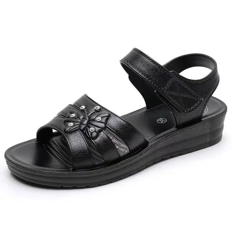 2024 New Women's Summer Open Toe Hollow Flat Sole Sandal Soft Sole Non Slip Hook Outdoor Beach Sandal Lightweight Elderly Sandal