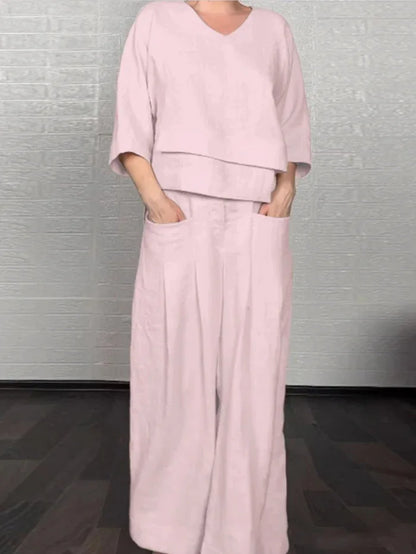 Casual Loose Irregular Cotton Linen Women's Top Set Spring Summer New Fashion Pocket Wide-leg Pants For Women Office 2-piece Set