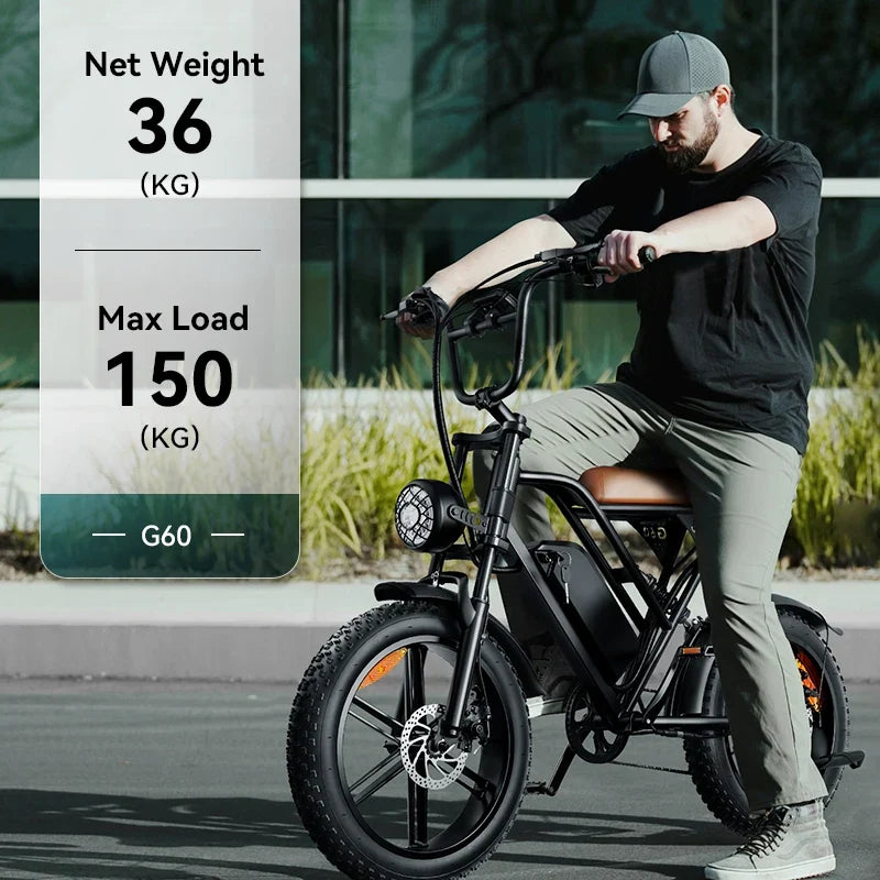 G60 E-Bike 1000W Adult Electric Bicycle 20” Fat Tire E-Bike 48V 15Ah Battery 45-55KM Range Dual Suspension 31MPH