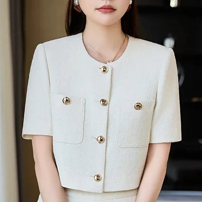 Luxury Blazer White Small Fragrance Short Sleeve Jacket Women's Summer Loose Thin Versatile Top Shorts Professional Black Suits