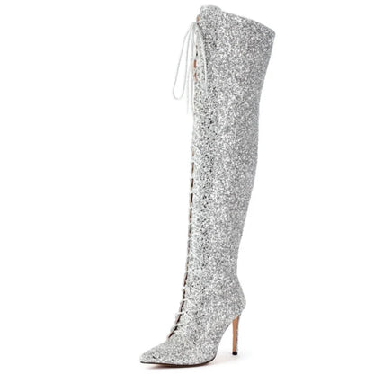 Luxury Gold Silver Red Over the Knee High Boots Sequined Sexy Nightclub Dance Party Shoes Ladies Lace-up Long Boot Large Size 48