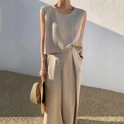 Lady Casual Loose 2 Piece Sets Fashion O-Neck Sleeveless Pullover Tops+wide Leg Pants Two Piece Sets For Women Summer Office New