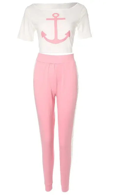 CPSYMYM Two Piece Set Women Outfit Summer  Anchor Print Short Sleeve Round Neck Top & Casual High Waist Daily Long Pants