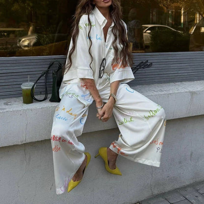 Summer Loose Soft Commute Two Piece Sets Elegant Lady High Waist Pants Set Casual Lapel Long Sleeve Printed Shirts And Pants Set