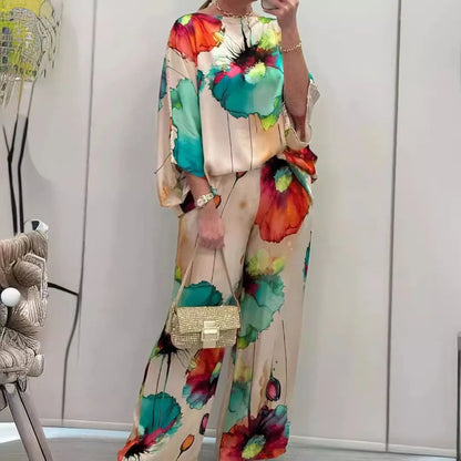 Casual Sets for Women 2 pieces Summer Fashion Printed Satin Two Piece Sets Women Sexy Round Neck Top+Wide Leg Long Pants Outfits