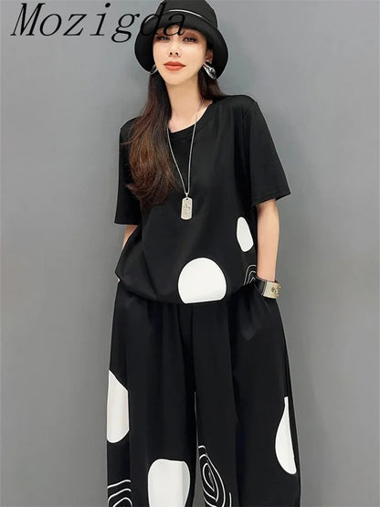 Polka Dot Striped Print 2 Two Piece Set Women Summer Casual Fashion Short Sleeve Ladies T-Shirts Loose Wide Leg Woman Pants