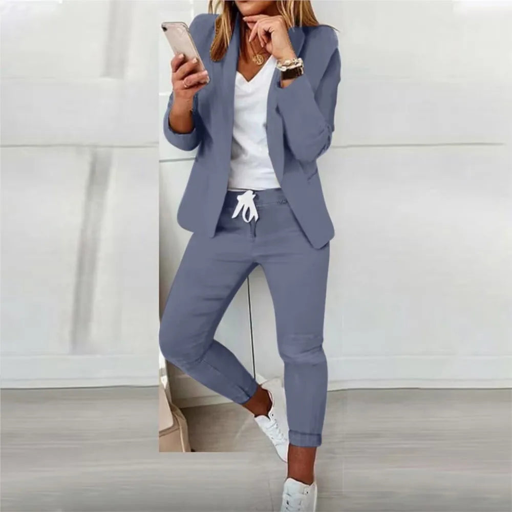 2 Piece Women's Autumn Winter Suit Fashion Slim Fit Lace-up Small Feet Trousers Women's Office Casual Solid Color Suit 2024
