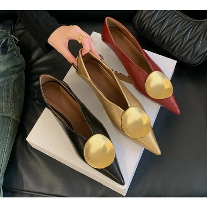 New Designer Pointed Toe Women High Heel Shoes Fashion Gold Metal Shallow Slip on Single Shoes Thin Low Heel Dress Pumps