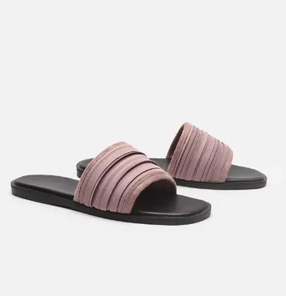 2025 Summer Flat Slippers Open Toe Beach Wearing Slides Pleated Women Shoes Black 35-40