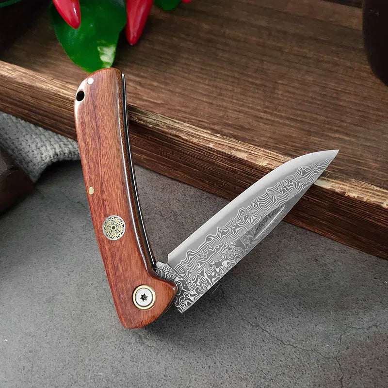 Super Sharp Damascus VG10 Steel Pocket Knife Folding Blade Wooden Handle Kitchen Fruit Meat Vegetable Cutting Knife Holiday Gift