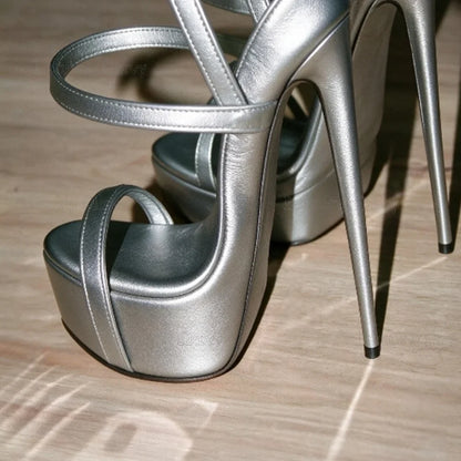 Gold Solid Platform Round Toe Shoes Cut Heel Sandals Women Shoes Ankle Band Spike High Heel Shoes for Girls Zapatos Para Hombres