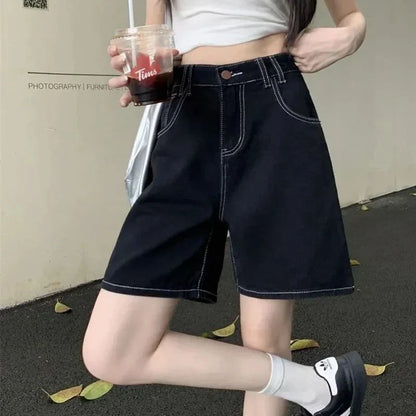 Summer Lady High Waist Casual Short Jeans Girls Classic Fashion Thin Straight Leg Pants Women Korean Solid Denim Shorts