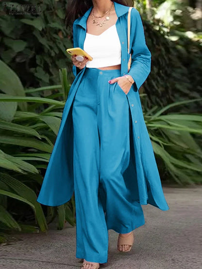 ZANZEA Fashion Autumn Long Sleeve Shirt 2PCS Women Suits Matching Sets Solid Loose Pant Sets Casual Wide Leg Trousers Oversized