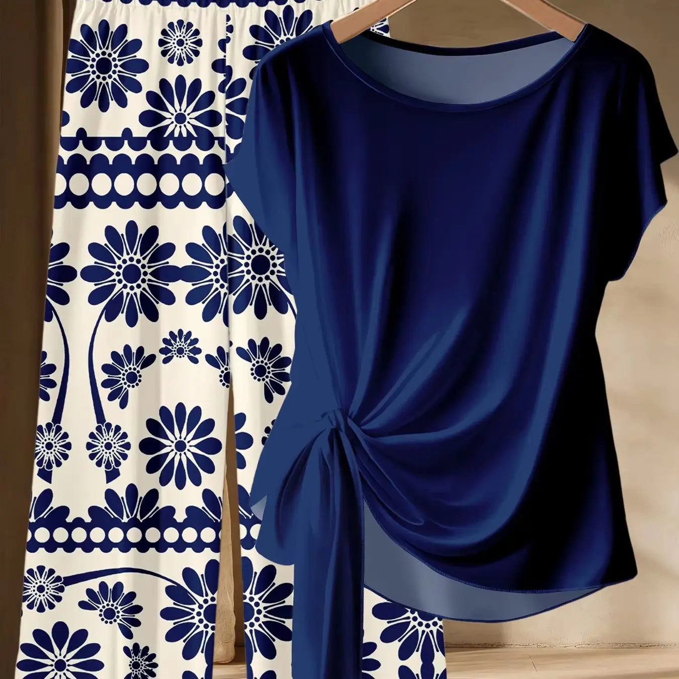 Summer Women's Plus Size Casual Loose Two-Piece Set Solid Color Twisted T-Shirt + Blue and White Printed Wide Leg Pants Set