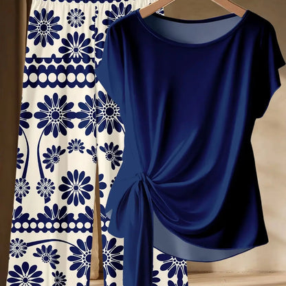 Summer Women's Plus Size Casual Loose Two-Piece Set Solid Color Twisted T-Shirt + Blue and White Printed Wide Leg Pants Set