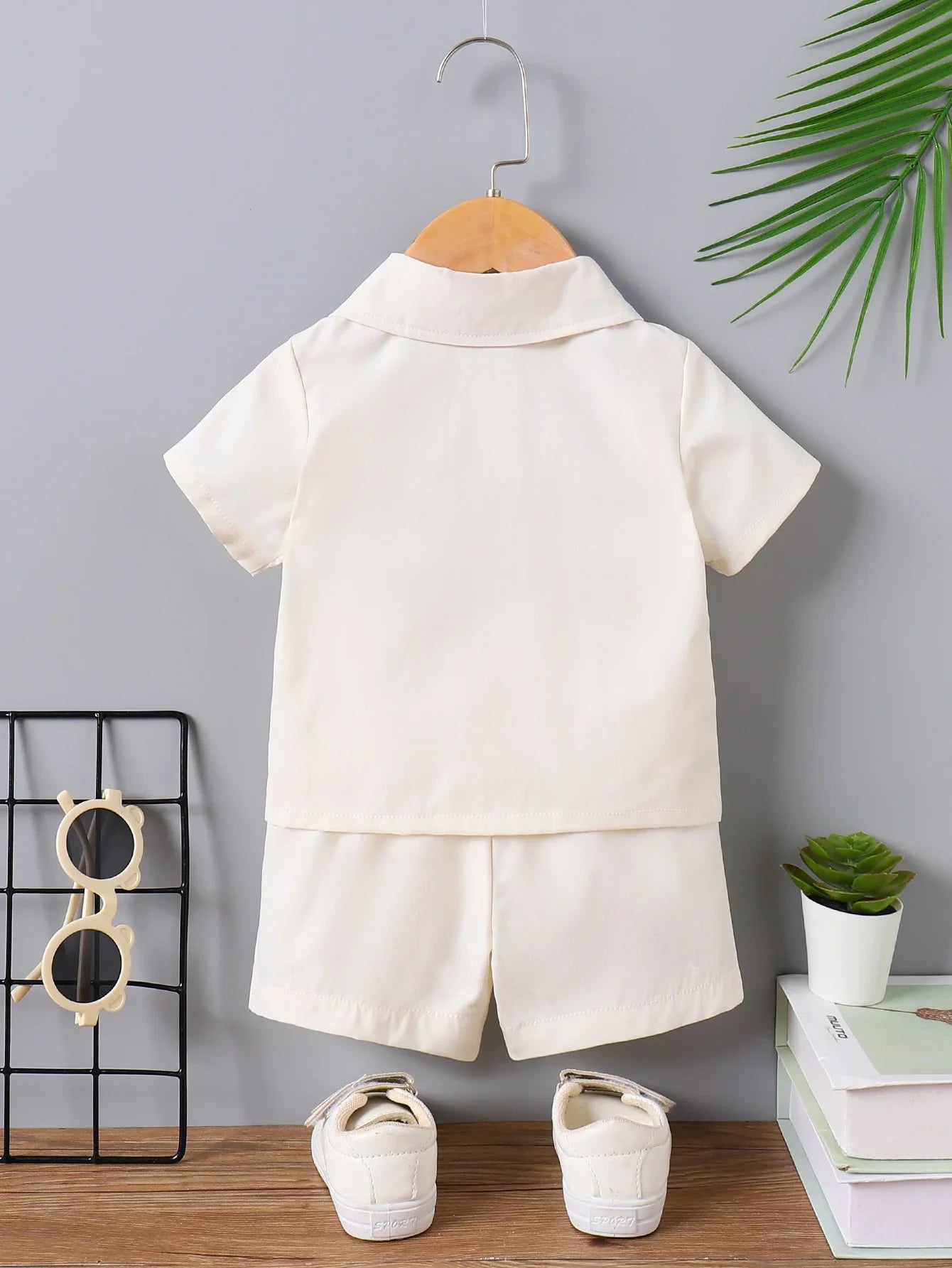 Baby Boy Beige Outfit, Floral Embroidery Collared Shirt & Shorts, Summer Casual Set