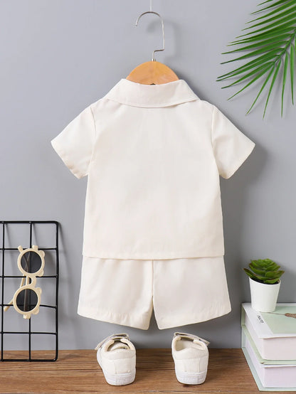 Baby Boy Beige Outfit, Floral Embroidery Collared Shirt & Shorts, Summer Casual Set