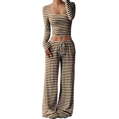Women's Striped 2 Piece Outfits Long Sleeve Square Neck Cropped Top Drawstring Wide Leg Pants Set Casual Lounge Lady Sweatsuits