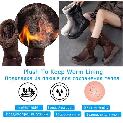 Koznoy 5cm Natural Genuine Leather Chunky Cow Spring Rubber Ankle Boots Soft Soled Winter Plush Flats Booties Autumn Women Shoes