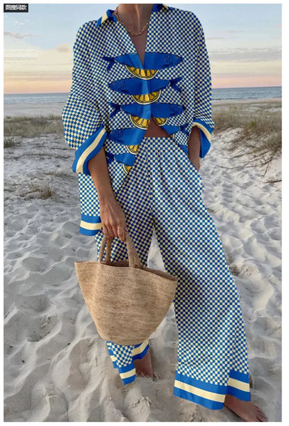 Fashion Print Beach Holiday 2-Piece Set Women Spring Summer Long Sleeve Shirt Top + Wide Legs Women's Oversized Two-Piece Outfit