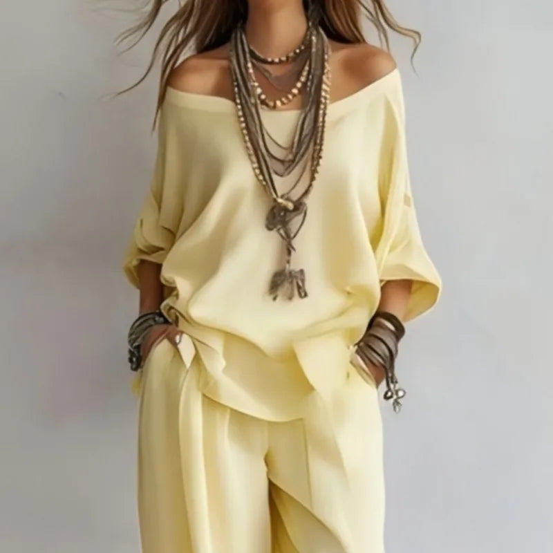 Summer New Casual Loose Linen Women's Two Piece Set Three-quarter Sleeve Off Shoulder Top Wide Leg Pants Suit Women Clothing