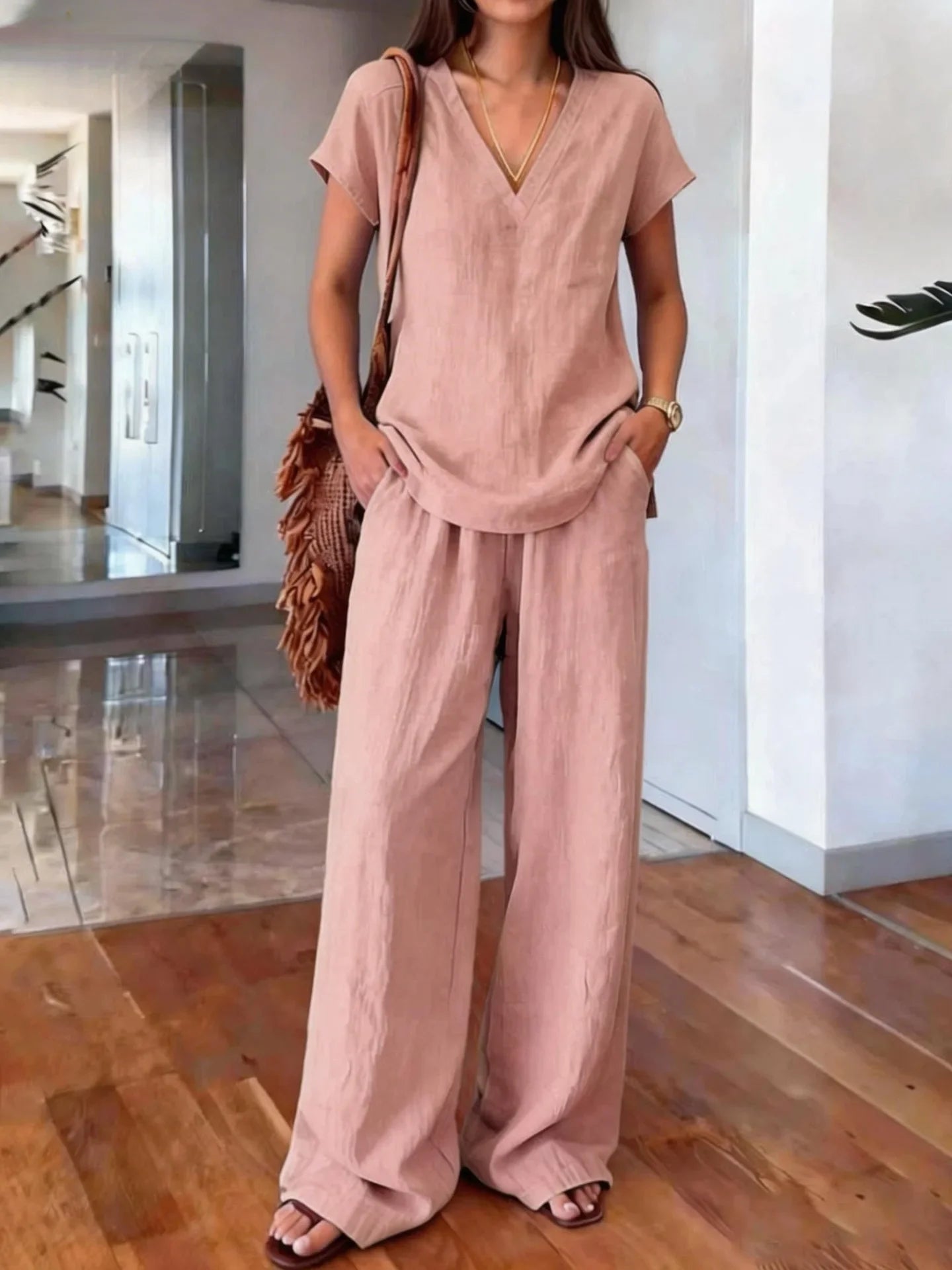 Loose Summer Trousers Set Solid Color Simple Daily Comfortable V-neck Short-sleeved Pullover Top Wide-leg Trousers Two-piece Set