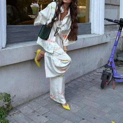 Summer Loose Soft Commute Two Piece Sets Elegant Lady High Waist Pants Set Casual Lapel Long Sleeve Printed Shirts And Pants Set