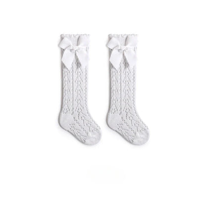 Summer Baby Girls Socks Toddler Bow Long Sock Kids Knee High Soft Cotton Mesh Stocking Spanish Style Hollow Out Lace Socks 0-3Y