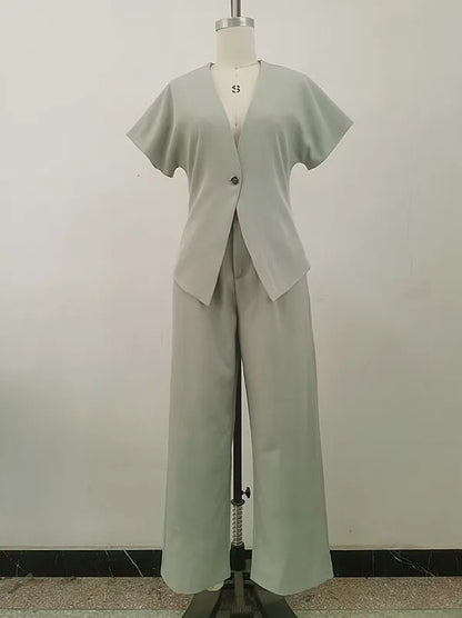 Women Pant Set Two Piece Sets V Neck Short Sleeve Tops Wide Leg Long Pants High Waist Y2k Streetwear Elegant Summer 2026