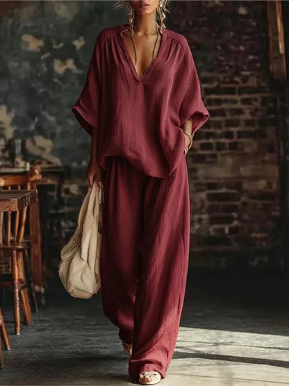 Fashion V-neck Short-sleeved Loose Top Women's Suit Summer New Casual Retro Female Vacation Lazy Trousers 2-piece Set 2026