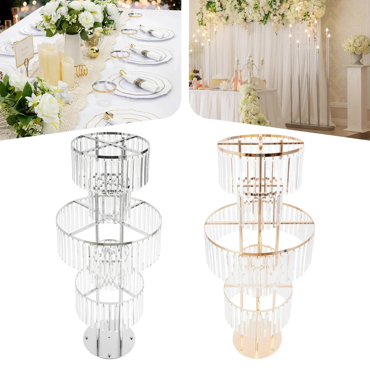 5 Tiers Gold/Silver Wedding Centerpieces Flower Stand Vase Centerpiece Acrylic Flower Stand with Hanging Acrylic