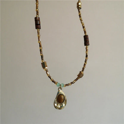 Vintage Leather Brown Stone Sun Pendant Beaded Choker Clavicle Chain Necklace For Women Unique Y2K Personalized Grunge Jewelry